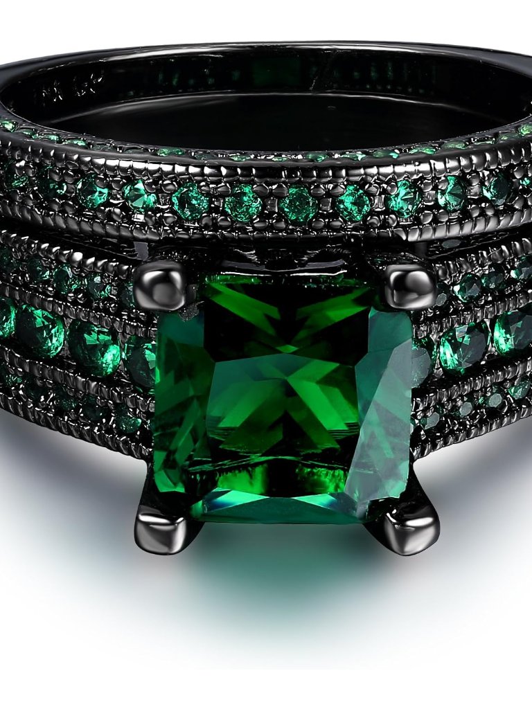 Womens Jewelry Black Gold Plated Princess Cut Blue Or Green Cz 2pcs Wedding Enga
